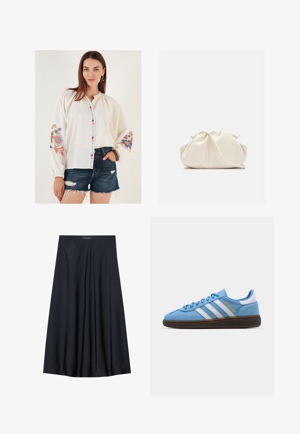 Fehér, hosszú ujjú ing, színes virágos hímzéssel az ujjakon és díszes gombsorral. Sötét farmer rövidnadrággal párosítva.; Fekete, térdig érő szoknya könnyű anyagból, laza formával. Simább textúrával rendelkezik, és finom redők díszítik a részleteket.; Világoskék velúr sneaker, fehér bőr csíkkal, barna texturált talppal és arany logó részlettel. Alacsony szárú dizájn, kerek orral.; Krém színű, puha műbőr táska, összegyűrt dizájnnal, állítható pánttal és diszkrét húzózsinóros záródással. Sima felület és lekerekített forma.