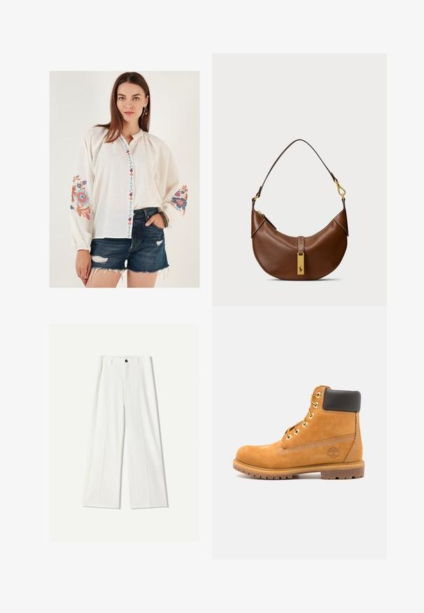 Camicia bianca a maniche lunghe con ricami floreali colorati sulle maniche e una tasca decorativa con bottoni. Abbinata a pantaloni corti di jeans scuri.; Pantaloni bianchi a gamba larga realizzati in tessuto morbido, con chiusura frontale a bottone e dettagli plissettati. Design a caldo frontale, senza tasche visibili.; Stivale alla caviglia in pelle marrone con imbottitura nera, occhielli dorati e suola texturizzata. Presenta un logo circolare su un lato e dettagli di cucitura.; Borsa a spalla in pelle marrone con forma curvata, hardware dorato, dettaglio con gancio superiore e accento con logo. Texture liscia con bordi cuciti.