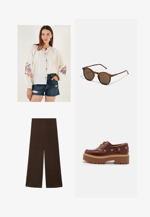 Bela srajca z dolgimi rokavi s pisanimi cvetličnimi vezeninami na rokavih in okrasnim gumbom. Oblečena z temnimi denim kratkimi hlačami.; Hlače širokega kroja, izdelane iz gladkega, temno rjavega blaga. Imajo visok pas in minimalističen dizajn brez okrasnih elementov.; Rjavi usnjeni čolnar s debelim rjavim gumijastim podplatom, zlatimi luknjicami in kontrastnim šivom. Ima logotip na strani.; Krožne sončna očala s okvirjem iz želvje školjke in rjavimi lečami. Imajo tanke temple s slight teksturo in kovinske detajle blizu leč.