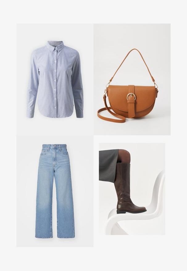 Camicia button-up a righe verticali blu e bianche; maniche lunghe, colletto e una texture di cotone liscia con orlo dritto.; Jeans a vita alta blu chiaro con gamba larga, chiusura frontale con bottone e zip, tasche anteriori e posteriori, su uno sfondo bianco.; Stivale in pelle marrone alto fino al ginocchio con punta arrotondata, superficie liscia e dettagli di cucitura minimi, posato su uno sfondo chiaro su una sedia bianca.; Borsa a tracolla in pelle marrone con forma curvata, hardware dorato e un dettaglio con fibbia. Presenta una tracolla rimovibile.
