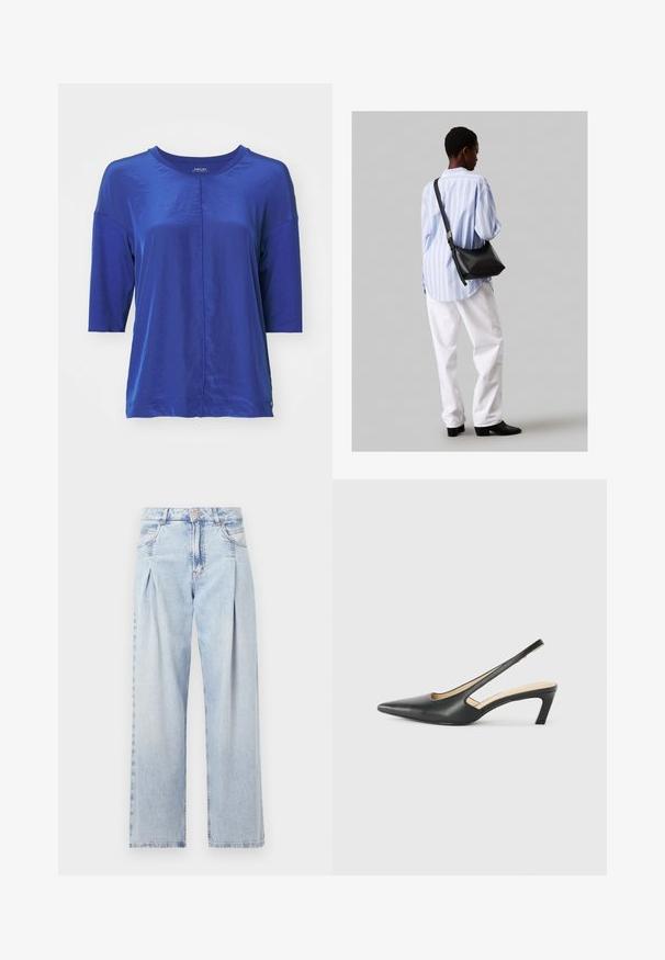 Mėlynas trumpomis rankovėmis marškinėlis, pagamintas iš lygaus audinio su apvaliu kaklu. Yra priekinė siūlė ir šiek tiek A formos siluetas.; Šviesiai mėlyni džinsai su aukštu liemeniu, plačiomis kojomis, dviem šoninėmis kišenėmis ir raukinių dizainu. Minkšta tekstūra su nudilusia apdaila.; Juodas smailus slingback batelis su žemu kulnu, pagamintas iš lygaus odos paviršiaus ir su išpjovomis šone, užtikrinančiomis oro pralaidumą.; Juodas odinis petinis krepšys su minkšta tekstūra, trikampiu pavidalu ir reguliuojama juosta, derinamas su šviesiai mėlynu dryžuotu marškinėliu ir baltais džinsais.