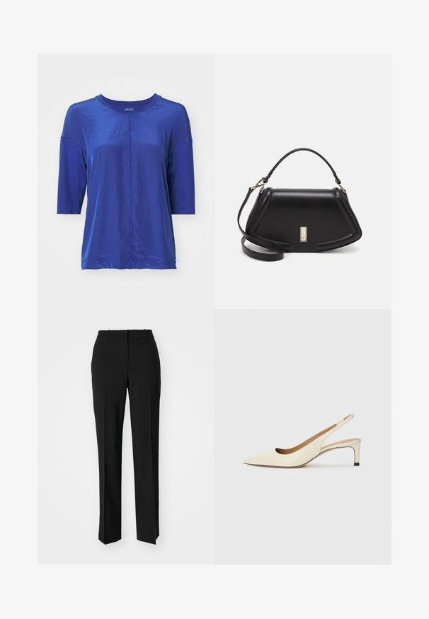Blaues Kurzarmoberteil aus glattem Stoff mit Rundhalsausschnitt. Verfügt über eine Nahtdetails vorne und eine leichte A-Linie Silhouette.; Schwarze, taillierte Hose mit geradem Bein, aus einem glatten Stoff und mit klaren Falten an der Vorderseite. Keine sichtbare Hardware.; Spitz zulaufender Slingback-Schuh aus cremefarbenem Leder, ausgestattet mit einem niedrigen Absatz und einem ausgeschnittenen Design mit glatter Textur und minimalen Akzenten.; Schwarze Lederhandtasche mit einem strukturierten Design, das eine verkürzte Form, einen oberen Griff und goldfarbene Hardware-Details aufweist. Verstellbarer Schulterriemen ist enthalten.