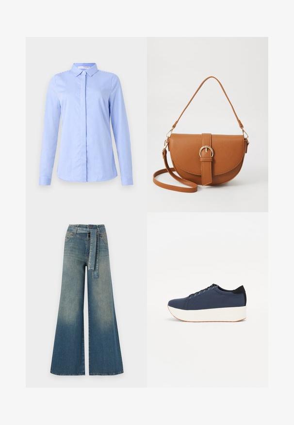 Kék és fehér csíkos, hosszú ujjú ing gallérral, sima szövettextúrával és ívelt aljjal.; Bőszárú farmernadrág, világos és sötétkék árnyalatokkal, magas derekú, övgyűrűkkel és a nadrággal megegyező anyagú övvel. Textúrált farmer kivitel.; Sötétkék sportcipő, texturált szövet felsőrész, fehér platform talp, lekerekített orr és fekete sarok akcentussal. Hat fűzőlyuk található rajta.; Barna bőr keresztbody táska ívelt formával, aranyszínű fémrészekkel és csat díszítéssel. Levehető vállpánttal rendelkezik.