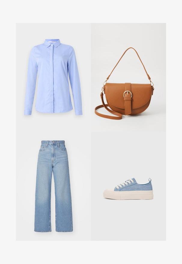 Camisa de manga longa com riscas azuis e brancas, com colarinho, apresentando um tecido suave e uma bainha curva.; Jeans de cintura alta e perna larga em azul claro, com fecho frontal de botão e zíper, bolsos frontais e traseiros, sobre um fundo branco.; Ténis de lona azul claro com uma biqueira e sola de borracha creme, apresentando atacadores brancos e uma alça na parte de trás.; Bolsa transversal de couro castanho com um formato curvado, ferragens douradas e um detalhe de fivela. Inclui uma alça de ombro destacável.