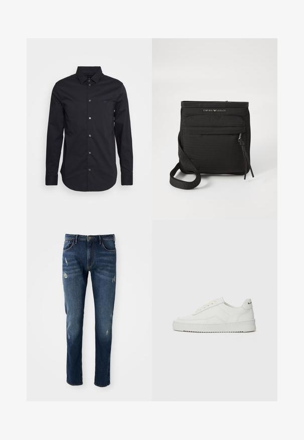 Zwarte lang mouw blouse met knopen, gemaakt van gladde stof, met een klassieke kraag, lange mouwen en een klein logo op de borst.; Donkerblauwe denim jeans met slim fit, lichte slijtage op de dijen en knieën, klassiek vijf-pocket ontwerp en knoopsluiting.; Witte leren sneaker met een gladde afwerking, ronde neus, platte veters en een gestructureerde zool. Kenmerkt zich door een subtiel logo op de hiel.; Zwarte Emporio Armani schoudertas met voorzak met rits, verstelbare strap en logo-detail op gestructureerde stof.