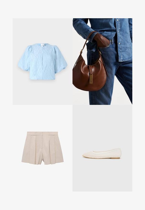 Svijetloplava skraćena bluzica s napuhanim rukavima, teksturirana tkanina, okrugli izrez i jedan gumb na leđima.; Bežani kratki hlače s naglašenim dizajnom, visokog struka i glatke teksture. Četiri prednja nabora stvaraju volumen. Bez džepova.; Bijela ravna cipela s mrežastim dizajnom, šiljatog vrha i niskom ravnom potplatu. Teksturalni gornji dio s glatkom podlogom i suptilnom kontrastnom oblogom.; Smeđa kožna hobo torba zaobljenog oblika, sa zlatnim metalnim detaljima i kontrastnim šavovima. Uparena s traper košuljom i trapericama.