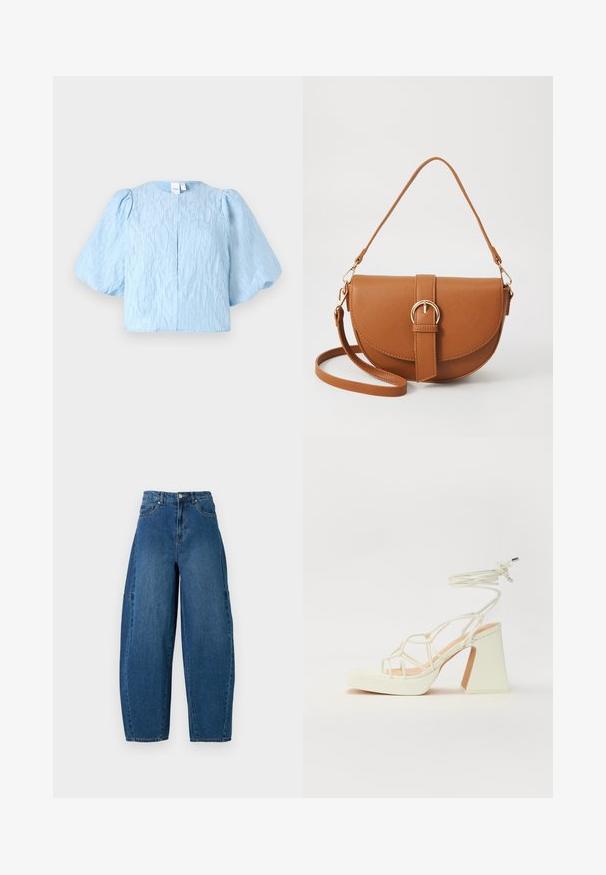 Lyseblå kortermet bluse med puffede ermer, strukturert stoff, rund hals og en enkel lukking med knapp bak.; Denimjeans i en middels blå vask, med høy midje, vide ben og standard fem-roms design med synlige sømdetaljer.; Hvit høyhælte sandal med kraftig hæl, med en stroppe-design og ankelbånd. Glatt tekstur med plattform foran for ekstra høyde.; Brun lærcrossbody-veske med en buet form, gullhardware og et spenneakcent. Har en avtakbar skulderreim.