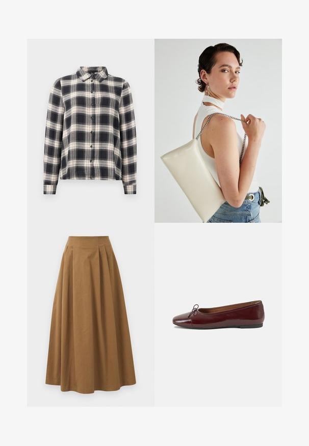 Cămașă cu mâneci lungi în carouri, navy, alb și bej. Prezintă un guler standard, închidere cu nasturi și un material moale cu un model în carouri.; Fustă A-line din bumbac maro, cu talie înaltă, având pliseuri pe față și o textură netedă. Marginile sunt finisate curat și simplu.; Balerini din piele patent burgund cu vârful rotund, accent de fundiță mică în față și talpă joasă din cauciuc negru. Textură netedă.; Geantă de clutch rectangulară albă, realizată dintr-un material lucios, având o curea de lanț argintie. Modelul pozează, evidențiind geanta pe un fundal simplu.