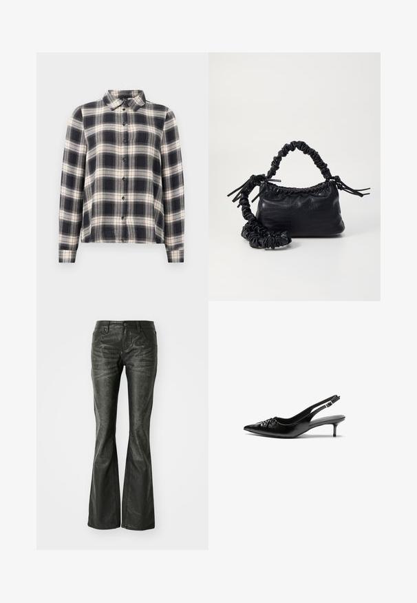 Long-sleeve plaid shirt in navy, white, and beige. Features a standard collar, button-front closure, and soft fabric with a checked pattern.; Black faux leather flared jeans with front pockets, a metal button closure, and a slightly textured surface. Straight leg with a long cut.; Black leather slingback heels with a pointed toe, low kitten heel, and gathered detail on the vamp. Smooth texture and minimalist design.; Black faux leather handbag with a crocodile texture, cinched top, and a scrunched strap. Appears soft and compact in design.