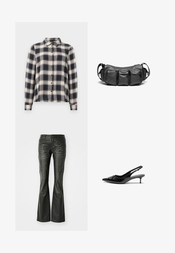 Long-sleeve plaid shirt in navy, white, and beige. Features a standard collar, button-front closure, and soft fabric with a checked pattern.; Black faux leather flared jeans with front pockets, a metal button closure, and a slightly textured surface. Straight leg with a long cut.; Black leather slingback heels with a pointed toe, low kitten heel, and gathered detail on the vamp. Smooth texture and minimalist design.; Black leather crossbody bag with a textured finish. Features three exterior pockets and an adjustable strap. Compact, rounded shape.