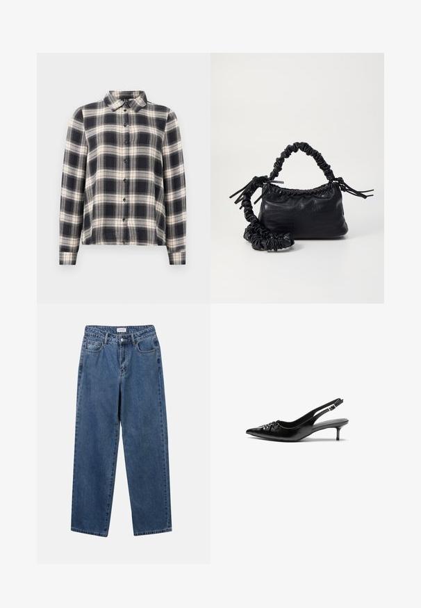 Long-sleeve plaid shirt in navy, white, and beige. Features a standard collar, button-front closure, and soft fabric with a checked pattern.; Classic blue denim jeans with a straight-leg design, five pockets, and a button closure. Features a medium wash and sturdy texture.; Black leather slingback heels with a pointed toe, small kitten heel, and a decorative knot detail on the front. Smooth texture throughout.; Black faux leather handbag with a crocodile texture, cinched top, and a scrunched strap. Appears soft and compact in design.