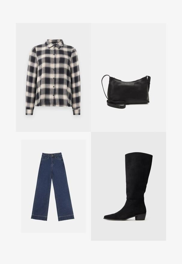 Long-sleeve plaid shirt in navy, white, and beige. Features a standard collar, button-front closure, and soft fabric with a checked pattern.; Wide-leg jeans in dark blue denim. Features five pockets, belt loops, and a raw hem at the bottom with visible stitching details.; Black suede knee-high boot with low block heel and pointed toe, shown in side view on a plain light gray background.; Black leather shoulder bag with a smooth texture, curved shape, adjustable strap, and a zip closure. Minimalist design without embellishments.