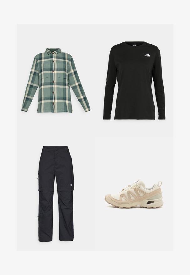 Vihreä ja kermahtava ruudullinen nappipaita pitkillä hihoilla, kahden rintataskun ja klassisen kauluksen kanssa, esitetty valkoisella taustalla.; Musta pitkähihaisen t-paita, joka on valmistettu puuvillasta ja jossa on pyöreä kaula-aukko. Vasemmassa rinnassa on pieni valkoinen logo. Yksinkertainen muotoilu ja istuvuus.; Mustat nailonista valmistetut irrotettavat cargo-housut säädettävillä lahkeilla, useilla taskuilla ja logolla oikeassa jalassa. Liukas, kevyt rakenne.; Beige ja kreemi värvi sportlikud jalanõud, millel on tekstiilne mesh ülemine osa, toetavad ülekatted ja kummist tald, millel on mustripattern haardeks.
