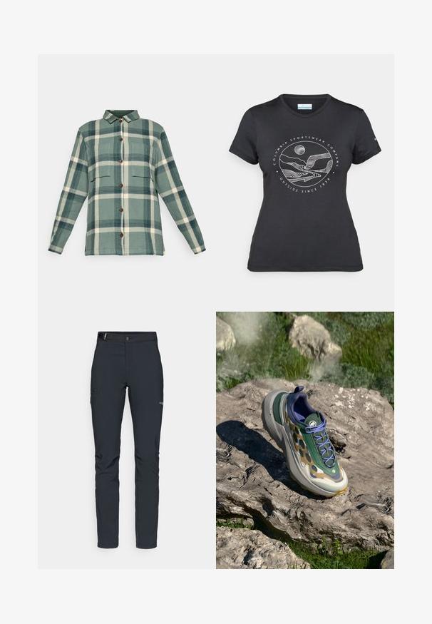 Zielona i kremowa koszula w kratę z długimi rękawami, dwiema kieszeniami na piersi oraz klasycznym kołnierzykiem, wyeksponowana na białym tle.; Czarny t-shirt Columbia z białą okrągłą grafiką gór i rzeki oraz napisem "Columbia Sportswear Company Outside Since 1938."; Męskie spodnie outdoorowe, ciemnoszare, wykonane z elastycznego materiału, z paskiem, kieszeniami na zamek oraz wzmocnionymi szwami.; Buty sportowe z wzorzystą siateczką w kolorze zielonym i beżowym, grubą szaro-srebrną podeszwą w środkowej części oraz fioletowymi akcentami, umieszczone na skalistej powierzchni.