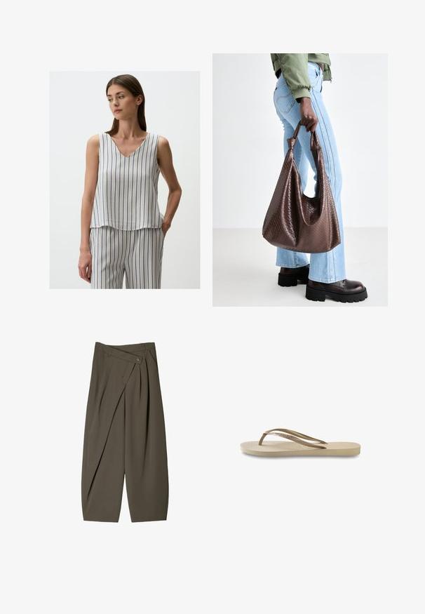 Jimmy Key V-NECK SLEEVELESS STRIPED - Bluse - multi coloured; Weite Hose aus dunkelolivgrünem Stoff mit einem gefältelten Vorderdesign, einem Knopfverschluss und einer glänzenden, strukturierten Oberfläche.; Helle beige Flip-Flops mit strukturiertem Fußbett, flacher Sohle und dünnen, glänzenden Riemen. Mit subtiler Markenkennzeichnung auf dem Riemen.; Braune gewebte Leder-Handtasche mit geknoteten Griffen, die von einer Person in hellblauen Jeans und schwarzen klobigen Schuhen getragen wird. Glatte, strukturierte Oberfläche.