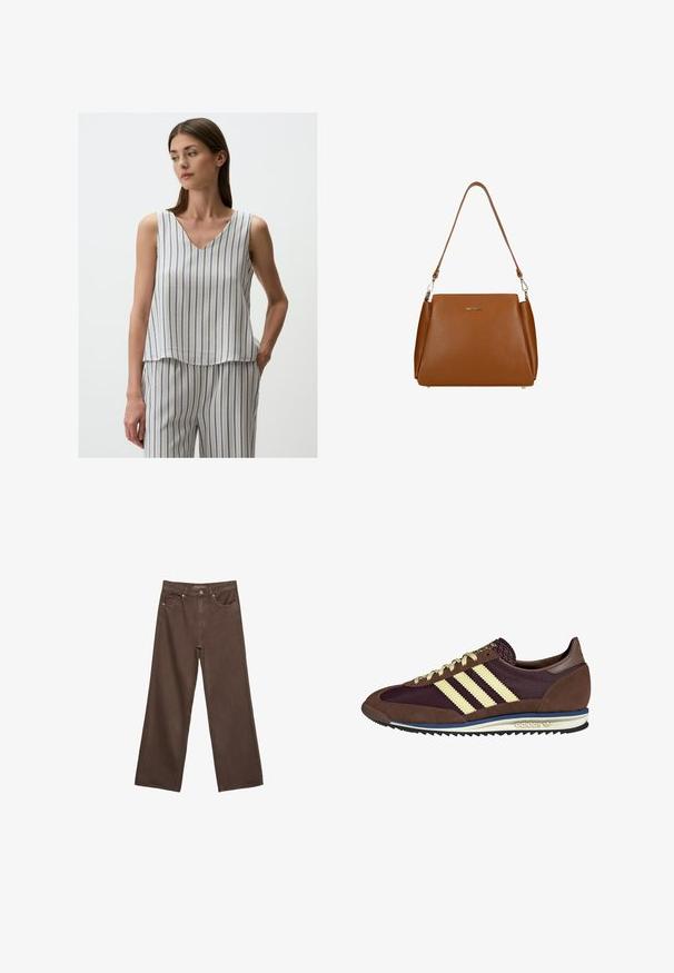 Jimmy Key V-NECK SLEEVELESS STRIPED - Blouse - multi coloured; Wide-leg brown jeans made of denim, featuring a high waist, front pockets, and a classic button closure. Smooth texture with subtle stitching.; Brown and burgundy sneaker with suede and mesh materials, featuring three cream stripes, textured fabric on the tongue, and a rubber sole.; Brown leather handbag with a textured surface, a single shoulder strap, and a subtle logo on the front. Features a structured design.