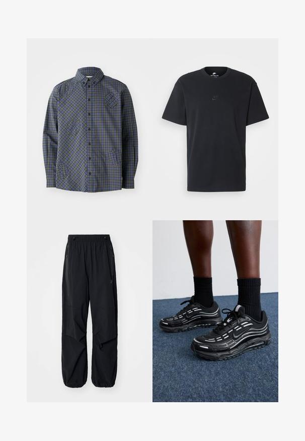 Henrik Vibskov BLOCK - Camisa - checks; T-shirt de algodão preto da Nike com um clássico decote redondo, mangas curtas e um logótipo em relevo discreto no peito. Textura suave.; Calças cargo leves e pretas com uma cintura elástica, zíperes laterais e bolsos espaçosos. Apresentam um corte solto e bainhas ajustadas.; Os sapatos pretos da Nike apresentam um upper em malha com riscas de destaque, atacadores texturizados e uma sola de borracha preta. Usados com meias pretas caneladas.