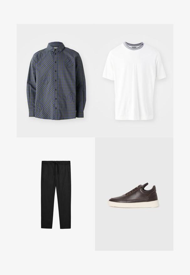 Henrik Vibskov BLOCK - Hemd - checks; Weißes Kurzarm-T-Shirt mit rundem Ausschnitt, das über einen kontrastierenden dunkelblauen Rippkragen und einen glatten Baumwollstoff verfügt.; Massimo Dutti JOGGER FIT - Stoffhose - black; Dunkelbraune, strukturiert Leder-Sneaker mit Schnürung und weißer, gerippter Gummisohle vor einem schlichten, hellen Hintergrund.
