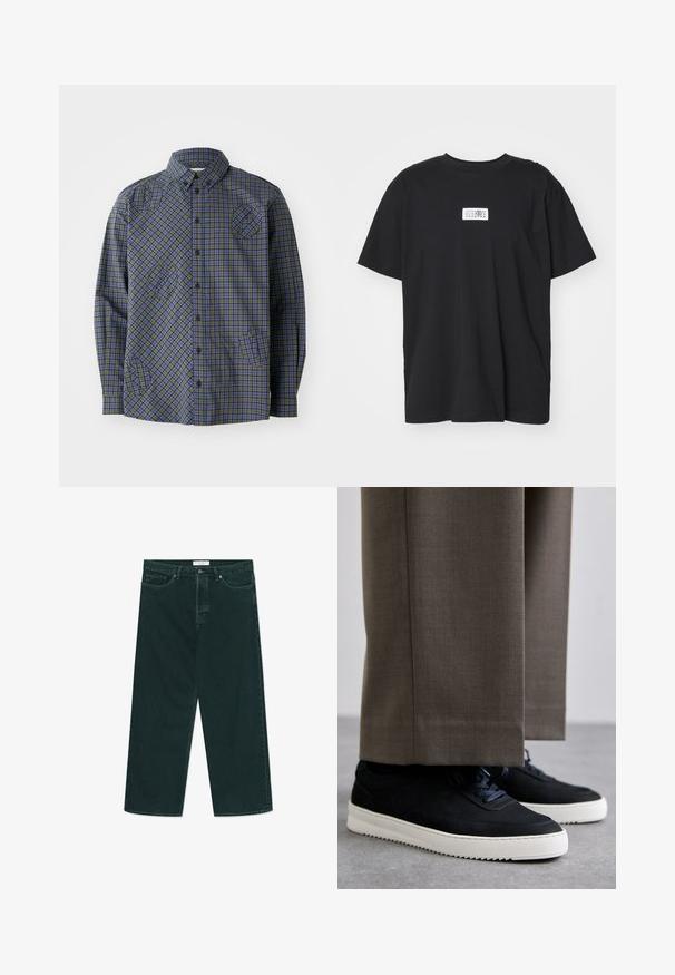 Henrik Vibskov BLOCK - Hemd - checks; Schwarzes Baumwoll-T-Shirt mit Rundhalsausschnitt, kurzen Ärmeln und einem rechteckigen weißen Etikett mit Zahlen und einem grafischen Design.; Dunkelgrüne weit geschnittene Jeans aus Denim mit Knopf- und Reißverschluss, Fronttaschen und Gürtelschlaufen, flach auf einem weißen Hintergrund ausgelegt.; Schwarze Wildleder-Sneaker mit weißen Gummisohlen, mit einer abgerundeten Zehenpartie und Schnürsenkeln, getragen zu grauen maßgeschneiderten Hosen.