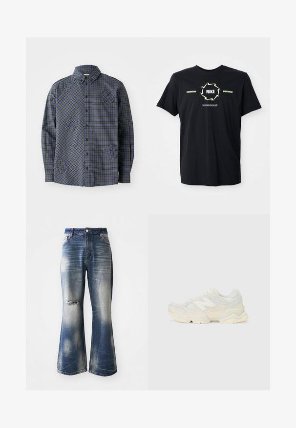 Henrik Vibskov BLOCK - Overhemd - checks; Zwarte Nike T-shirt met een lichtgroene swoosh cirkel rond "NIKE" en de tekst "Engineered Sportswear" met kleinere tekst eronder.; Blauwe flared jeans met vervaagde gebieden en een versleten details bij de knieën. Gemaakt van denim, met een knoopsluiting en een vijf-pocket ontwerp.; Lichte sneaker met een bovenwerk van mesh en suede in zachte crèmekleuren, met een chunky zool en driedimensionale accenten.