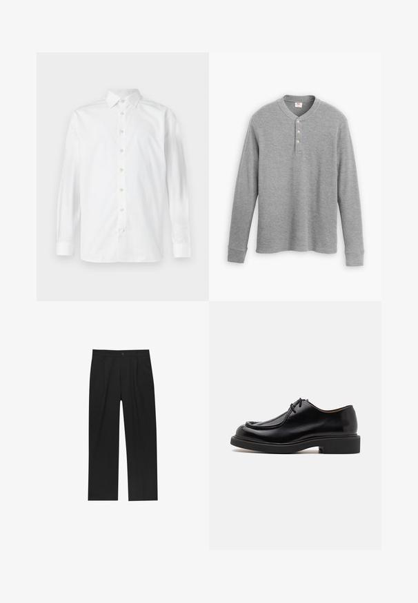 Witte lange mouwen overhemd met een klassieke kraag, knoopsluiting en subtiele textuur, met een gebogen zoom en knoopmanchetten.; Grijze langekous henley shirt van ribbelstof, met een drie-knopen sluiten en een ronde halslijn met een iets getailleerde vorm.; Zwarte broeken met een recht model, gemaakt van een gladde stof. Voorzien van een voorplooien en een enkele knoopsluiting bij de taille.; Zwarte leren schoen met een ronde neus, gestikte details, minimale veters en een dikke rubberen zool voor grip en duurzaamheid.