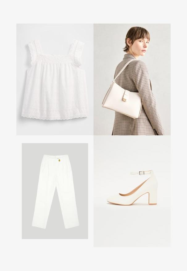 White, sleeveless top featuring a gathered design, scalloped edges, and floral eyelet patterns with delicate detailing along the straps.; White, wide-leg trousers made of smooth fabric. Features a single yellow button closure and pleated front design. No visible pockets.; White high-heeled shoe with a pointed toe, block heel, and ankle strap. Smooth finish with a subtle shine and beige inner lining.; White leather handbag with a structured design, featuring a magnetic clasp and a shoulder strap, showcased against a neutral background.