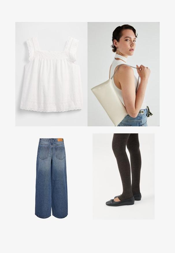 White, sleeveless top featuring a gathered design, scalloped edges, and floral eyelet patterns with delicate detailing along the straps.; Wide-leg denim culottes in medium blue wash with a faded texture, featuring two back pockets and a brown leather brand tag on the waistband.; Black flat shoes with a small bow detail at the toe, paired with dark brown ribbed tights. Shoes have a smooth texture and low profile.; White rectangular clutch bag made of glossy material, featuring a silver chain strap. Model poses, showcasing the bag against a plain background.