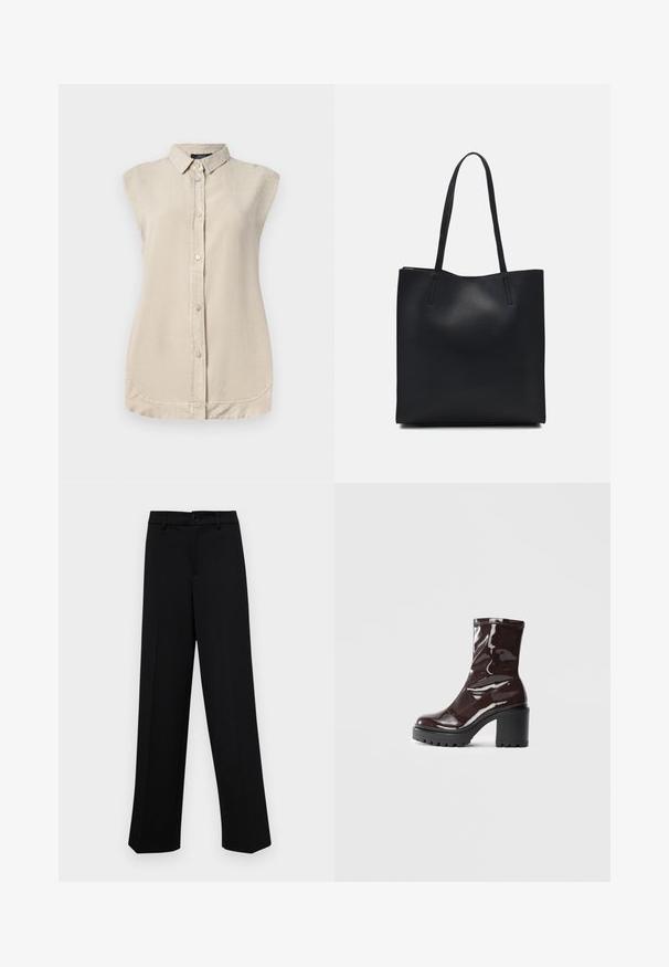 Camisa sin mangas de un ligero tono beige, con botones en la parte delantera, cuello puntiagudo y dobladillo redondeado. Hecha de una tela suave y texturizada.; Pantalones de pierna ancha negros, hechos de un tejido suave, con una cintura clásica que incluye un cierre de botón y pliegues frontales.; Botín burdeos brillante hasta el tobillo con un tacón negro grueso, que presenta una textura suave y un diseño sencillo. Sin cierres ni patrones visibles.; Bolso tote de cuero negro con textura lisa, forma rectangular y dos asas largas. Sin herrajes ni adornos visibles.