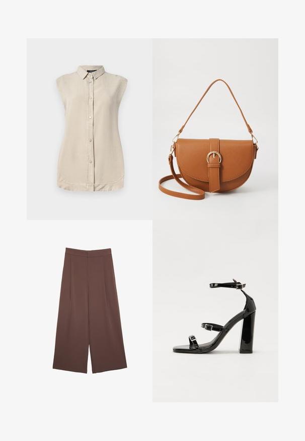 Lys beige ærmeløs skjorte med knap-åbning foran, spidse kraver og rundet kant. Fremstillet af et blødt, struktureret stof.; Brune bredbunde bukser med en glat tekstur, der har høj talje og plisseringer foran. Stoffet er let og falder løst.; Sorte laklædersandaler med høje hæle, to spænderemme, firkantet tå og en kraftig blokhæl, der har en glat, blank overflade.; Brun læder crossbody taske med en buet form, guldfarvet hardware og en spændeaccent. Har en aftagelig skulderrem.