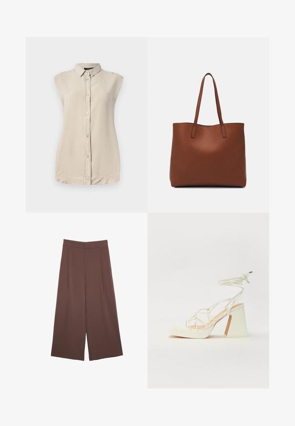 Valkoinen beige hihaton paita, jossa on napitettava etuosa, terävä kaulus ja pyöristetty helma. Valmistettu pehmeästä, teksturoidusta kankaasta.; Ruskeat leveälahkeiset housut, joissa on sileä pinta, korkea vyötärö ja etupleat. Kangas on kevyttä ja laskeutuu väljänä.; Valkoinen korkokenkä, jossa on paksu korko, ja joka sisältää nauhakiinnityksen ja nilkkaketjun. Sujuva pinta, jossa on platform-etupohja lisäkorkeutta varten.; Ruskea nahkainen olkalaukku, jossa on sileä pinta, avoin yläosa ja kaksi olkahihnaa. Omaavat vain minimaalisen ompelun eikä näkyvää metalliosaa.