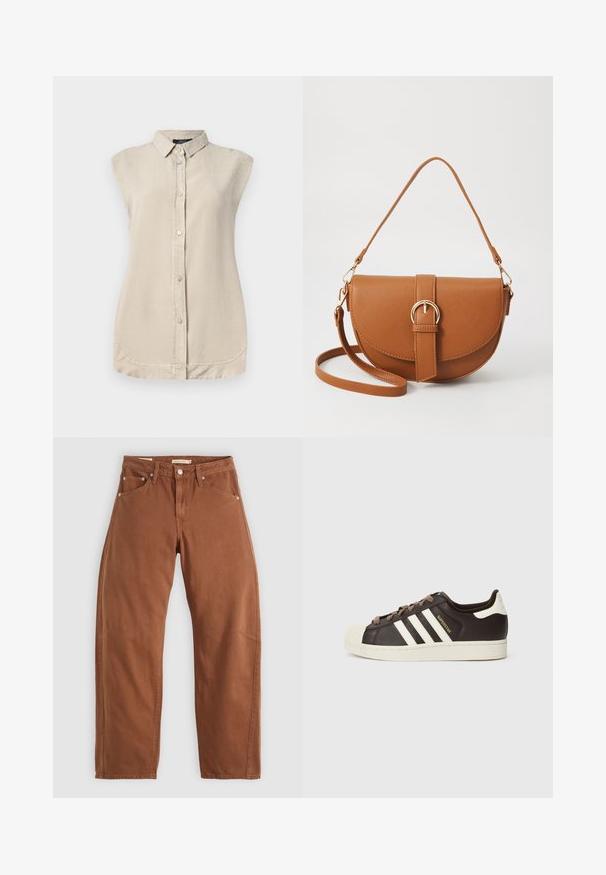 Lys beige ærmeløs skjorte med knap-åbning foran, spidse kraver og rundet kant. Fremstillet af et blødt, struktureret stof.; Rustbrune straight-leg jeans med for- og baglommer, metalnitter, knaplukning og bæltestropper, lagt fladt på en hvid baggrund.; Low-top Adidas Superstar-sneaker i mørkebrunt læder med cremefarvet skal-tå, hvide striber og teksten "Superstar" på siden.; Brun læder crossbody taske med en buet form, guldfarvet hardware og en spændeaccent. Har en aftagelig skulderrem.