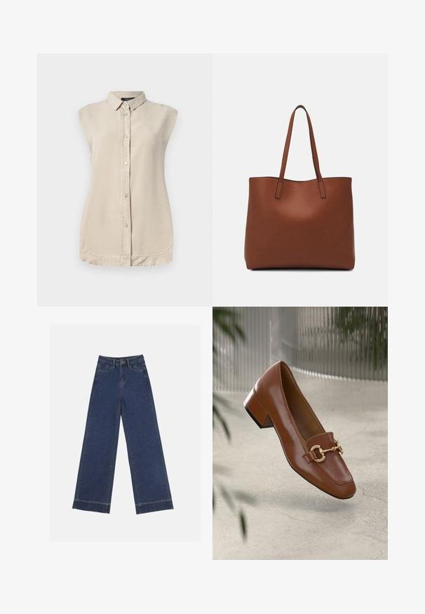 Valkoinen beige hihaton paita, jossa on napitettava etuosa, terävä kaulus ja pyöristetty helma. Valmistettu pehmeästä, teksturoidusta kankaasta.; Vyötäröltä leveät farkut tummansinisestä denimmateriaalista. Varustettu viidellä taskulla, vyölenkeillä ja näkyvillä sauman yksityiskohdilla. Raaka helma alareunassa.; Ruskea kiiltävä nahkaloaferi neliönmuotoisella varpaalla, metalliketjuaktsentilla ja matalalla tukijalalla; sileä rakenne, minimalistinen muotoilu.; Ruskea nahkainen olkalaukku, jossa on sileä pinta, avoin yläosa ja kaksi olkahihnaa. Omaavat vain minimaalisen ompelun eikä näkyvää metalliosaa.