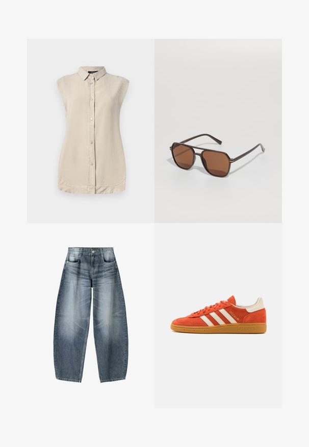 Lys beige ærmeløs skjorte med knap-åbning foran, spidse kraver og rundet kant. Fremstillet af et blødt, struktureret stof.; Bredde jeans lavet af lyseblå denim med falmning, der har et fem-lomme design, knaplukning og minimale syninger.; Orange ruskindsneaker med hvide læderdetaljer, der har tre hvide striber og en gummisål. "Spezial" logo på tungen.; Brune solbriller med en geometrisk ramme, der har rige brune linser og tynde metalakcenter på stængerne, sat mod en neutral baggrund.; Brun suedetaske med to runde hanke, gyldent hardware, et lille mærke og en glat lynlås-lukning. Har subtile syede detaljer.; Kvadratisk Cluse ur med hvid urskive, guld- og sølvakcenter samt et bimaterialearmbånd med vekslende guld- og sølvled.
