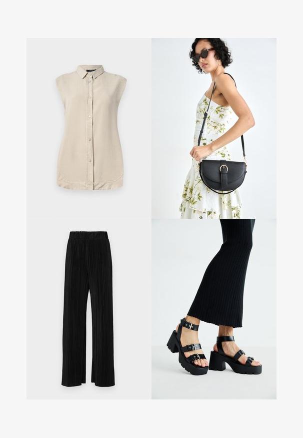 Licht beige mouwloos shirt met een knoopsluiting aan de voorkant, spitse kraag en afgeronde zoom. Gemaakt van een zachte, textuurstof.; Zwarte geplooide broek met een elastische tailleband. Beschikt over wijde pijpen en een glad, gestructureerd stof met verticale strepen.; Zwarte platform sandalen met dikke, grofgevormde zolen en meerdere bandjes, voorzien van metalen gespen en een gladde leerachtige textuur.; Zwarte leren handtas met een gebogen vorm, afneembare schouderband en gouden hardware. De tas heeft een klep met een gespsluiting.