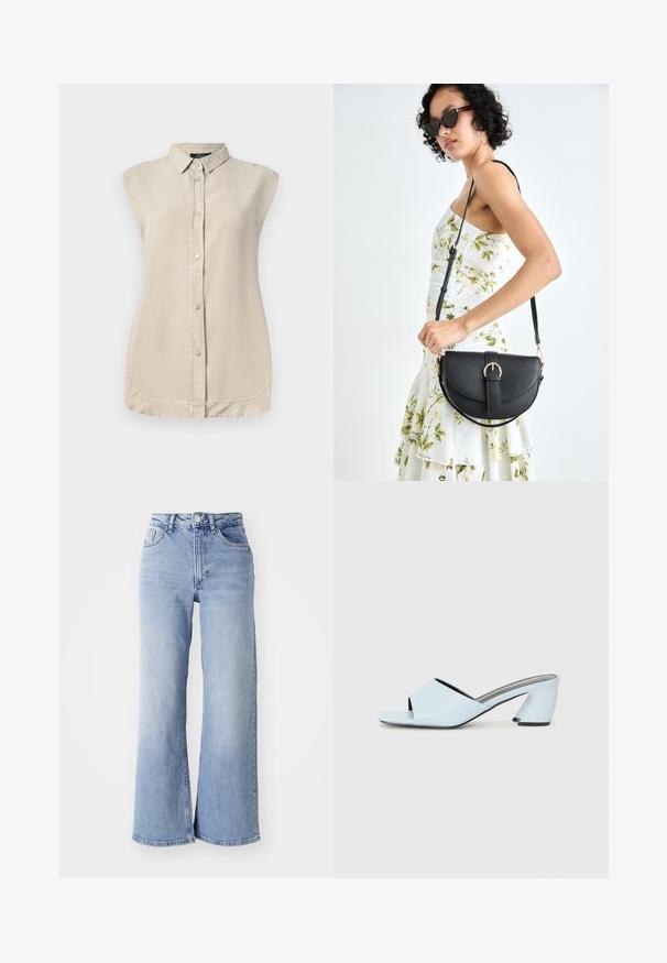 Svijetlosmeđa bezrukavna košulja s kopčanjem sprijeda, šiljastim ovratnikom i zaobljenim rubom. Izrađena od mekane, teksturirane tkanine.; Svijetloplave traperice visokog struka širokih nogavica s prednjim i stražnjim džepovima, kopčanjem na gumbi i suptilnim izblijedjenjem na bedrima i rubovima.; Svijetloplave sandale na visoku petu s otvorenim prstima, s geometrijskim dizajnom, koje imaju široku traku preko stopala i debelu, kutnu petu.; Crna kožna torba s lukovitim oblikom, odvojivim remenom i zlatnim detaljima. Torba ima preklop s kopčom.