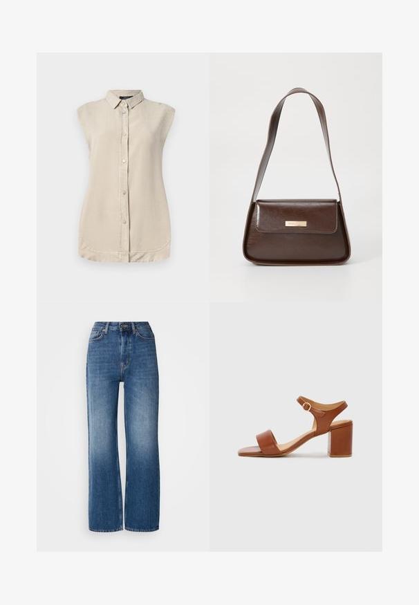 Lys beige ærmeløs skjorte med knap-åbning foran, spidse kraver og rundet kant. Fremstillet af et blødt, struktureret stof.; Højtaljede, brede blå denimjeans med en gradientvask, kobberstikninger, lukning med frontknap og fem lommer.; Brune læder hæle sandal med firkantet tå, justerbar ankelrem og blokhæl. Glat tekstur og minimal design.; Brun læder skuldertaske med en struktureret form, der har en magnetisk klaplukning og en metallisk logoaccents på forsiden.