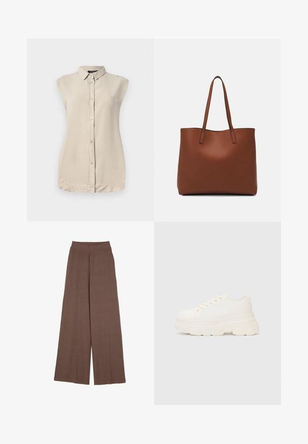 Lys beige ermeless skjorte med knappelukking foran, spiss krage og rund nederkant. Laget av et mykt, teksturert stoff.; Vide bukser laget av et teksturert, ribbet materiale i en varm brunfarge. Har en sømløs midje og en flytende silhuett.; Hvit kanvas sneakers med chunky såle, avrundet tå og fem hull for snøringer. Bakre tab for enkel påkledning. Glatt tekstur, minimalistisk design.; Brun lær tote veske med en jevn tekstur, åpen toppdesign og to skulderstropper. Har minimal søm og ingen synlige spiker.