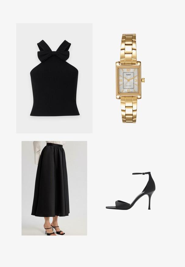 Top halter nero a coste con spalline larghe e dettaglio a fiocco sul retro, dalla silhouette aderente e texture liscia.; Gonna nera maxi realizzata in tessuto liscio, caratterizzata da una vita arricciata e un design fluido, abbinata a sandali neri con cinturini.; Mango Sandali con tacco - black; Orologio da polso rettangolare dorato con quadrante bianco, indicatori delle ore in tono argento e un robusto bracciale in metallo. Include la funzione di resistenza all'acqua.