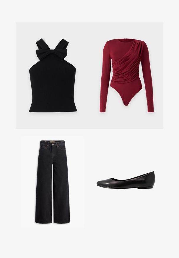 Juodos juostelės halterio tipo palaidinė, turinti plačias petnešas ir kaspiną nugaros dalyje, su prigludusia siluetu ir lygiu paviršiumi.; Ilgų rankovių bodis tamsiai raudonos spalvos, su drapiruota medžiaga, apvalia iškirpte ir spaudžiamos uždarymo apačioje, pagamintas iš minkštos elastingos medžiagos.; Juodos plačios kojų džinsai, pagaminti iš džinsinio audinio, su penkiomis kišenėmis, varinėmis iškrovomis ir klasikiniu mygtuko uždarymu. Lygi tekstūra su švariu dizainu.; Juoda baleto bateliai, pagaminti iš blizgaus odos su apvaliu pirštu ir žemu, plokščiu padu. Turi lygią tekstūrą ir paprastą, elegantišką dizainą.