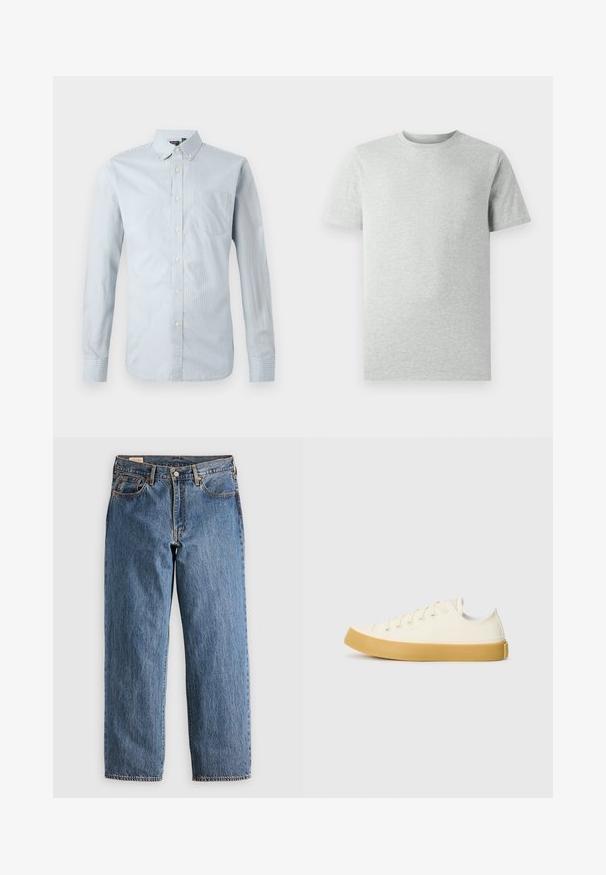 Napapiriin pitkähihaista paitaa vaaleansinisellä ohutviiruilla. Siinä on kaulus, pitkät hihat, vasemmassa rinnassa tasku ja nappi yksityiskohtia.; Yksinkertainen vaalea harmaa lyhythihainen t-paita, jossa pyöreä kaula-aukko, esitetty valkoista taustaa vasten, edestä katsottuna ilman näkyviä logoja tai kuvioita.; Sinivärvilised denim teksad sirge lõikega, kõrgema vöökohtaga, vasknööbid ja oranž õmblus. Esipocketid ja tagapocketid on kaasatud.; Kankava sneakers vaaleassa valkoisessa, pyöreällä varvalla, jossa on beiget kumipohjat ja viisi reikää nauhoille, teksturoitu pinta ylemmässä osassa.