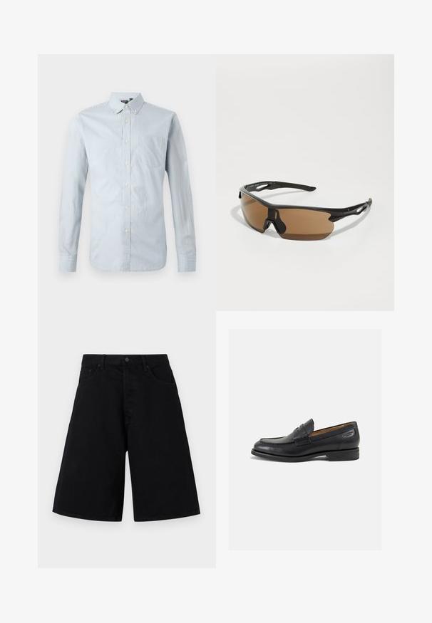 Világoskék, vékony függőleges csíkozású, gombos ing. Gallérral, hosszú ujjakkal, bal mellen zsebbel és gombos részletekkel rendelkezik.; Fekete farmer rövidnadrág laza szabással, klasszikus öt zsebes dizájnnal és gombos zárással, sima textúrával és egyenes szárú fazonnal.; Fekete bőr loaferek sima felülettel, lekerekített orral és díszítő varrással a lábfejen. Alacsony, réteges sarkú és enyhe fényű.; Sport napszemüveg fekete kerettel, barna színű lencsékkel, és textúrált fekete díszítésekkel a szárakon. Könnyű és aerodinamikus dizájn.