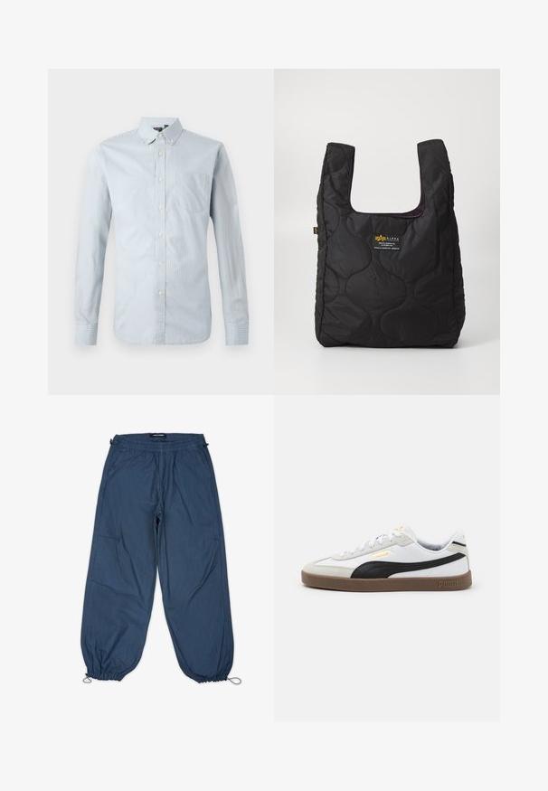 Button-up shirt in light blue with thin vertical stripes. Features a collar, long sleeves, left chest pocket, and button detailing.; Blue, lightweight pants with elastic waistband, side pockets, and tapered cuffs. Fabric has a smooth texture with minimal visible seams.; White leather sneaker with black suede accent, round toe, flat brown rubber sole, and embossed gold logo on the side. Laces and padded collar.; Black quilted tote bag with a large opening, curved shapes on the surface, and a label featuring yellow and white text on the front.