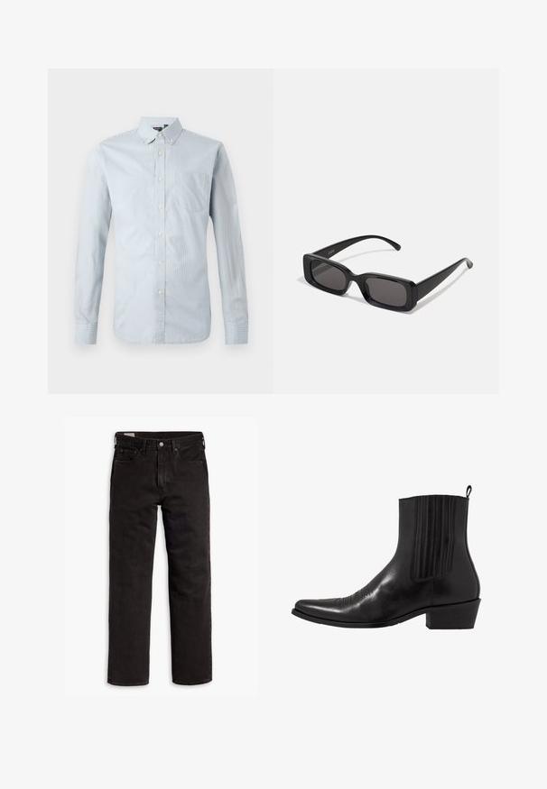Srajca s gumbi v svetlo modri barvi z tankimi navpičnimi črtami. Ima ovratnik, dolge rokave, žep na levi strani prsi in detajle z gumbi.; Črne kavbojke ravnega kroja z žepi, gumbnim zapiranjem in zankami za pas, ležijo položene na belem ozadju.; Črne usnjene gležnjarje s koničastim nosom, elastičnimi stranskimi paneli, navpičnimi šivi in nizko blokasto peto.; Črne pravokotne sončna očala z temnimi lečami, sijajna površina, široka ročaja in masiven okvir. Vgravirano ime blagovne znamke na eni ročaji.