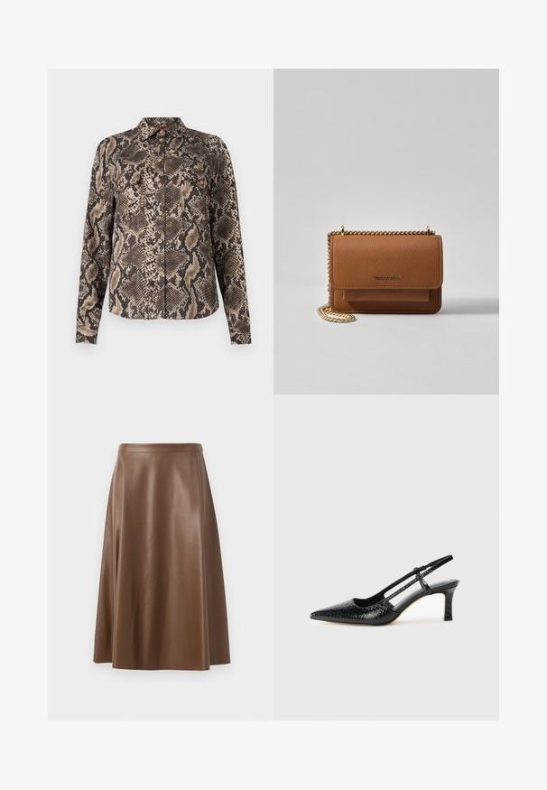 Camisa de manga longa castanha e bege com padrão de estampa de cobra, apresentando uma frente com botões e dois bolsos no peito. Textura de tecido suave.; Saia A-line de couro castanho com uma textura suave e um comprimento intermédio. Apresenta uma cintura justa e uma ligeira abertura a partir dos quadris.; Salto slingback em patente preta com bico apontado, apresentando um padrão de pele de cobra texturizado, tira ajustável e um salto bloco curto e texturizado.; Bolsa crossbody de couro texturizado castanho com alça de corrente dourada e fecho com aba. A parte da frente apresenta detalhe do logótipo e um bolso sob a aba.