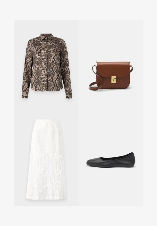 Bruine en beige langemouwen shirt met een slangenprintpatroon, voorzien van een knoopsluiting aan de voorkant en twee borstzakken. Zachte stoftextuur.; Gehaakte witte midi rok met een textuurpatroon met verticale lijnen en uitsparingen nabij de zoom. Elastische tailleband. Zacht materiaal.; Zwarte leren ballerina met een ronde neus, gladde textuur, minimale stikdetails en een flexibele zoolontwerp.; Bruine leren handtas met een klep sluiting, gouden hardware, een schouderband en een gladde textuur. Compact rechthoekige vorm.