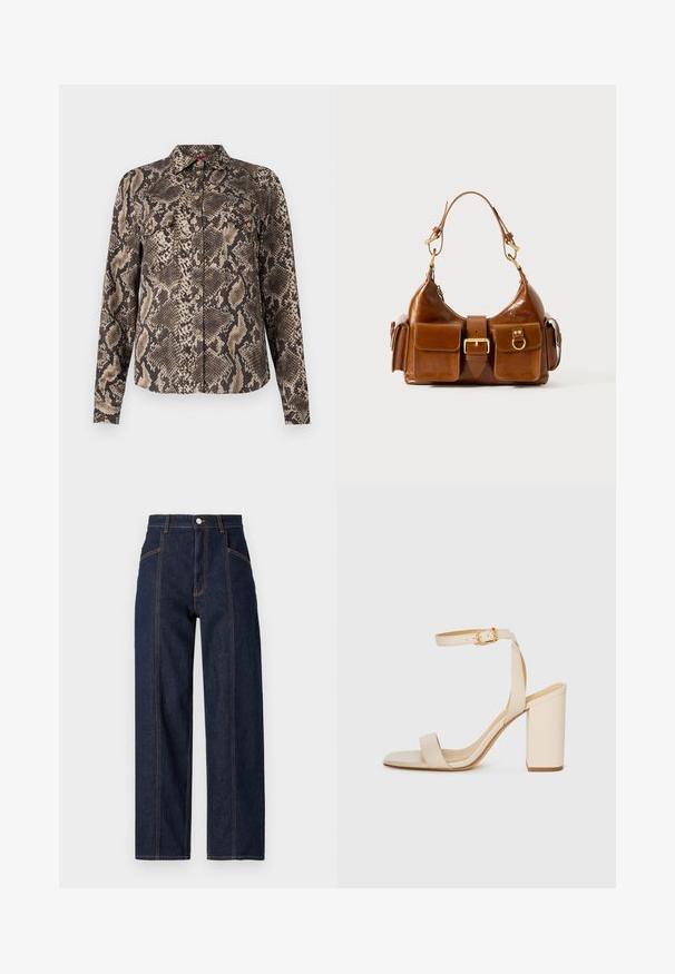 Brown and beige long-sleeve shirt with a snake print pattern, featuring a button-down front and two chest pockets. Soft fabric texture.; Dark blue denim wide-leg jeans with a high waist, featuring contrasting orange stitching and side pockets. The fabric has a smooth texture.; Beige high-heeled sandal with a square toe, thin ankle strap, and block heel. Smooth leather texture with a gold buckle detail.; Brown leather handbag with a curved shape, dual gold-tone hardware, two front pockets, and a wide strap. Smooth texture with a sleek finish.