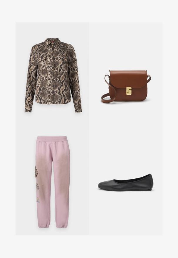 Camicia a maniche lunghe marrone e beige con un motivo a stampa di serpente, dotata di chiusura con bottoni e due tasche sul petto. Tessuto morbido.; Pantaloni della tuta rosa con vita elastica, caratterizzati da toppe decorative a forma di diamante sul lato sinistro e polsini elastici alle caviglie.; Pantofole da balletto nere in pelle con punta arrotondata, texture liscia, dettagli di cucitura minimi e design con suola flessibile.; Borsa a tracolla in pelle marrone con chiusura a pattina, hardware color oro, tracolla e una finitura liscia. Forma rettangolare compatta.