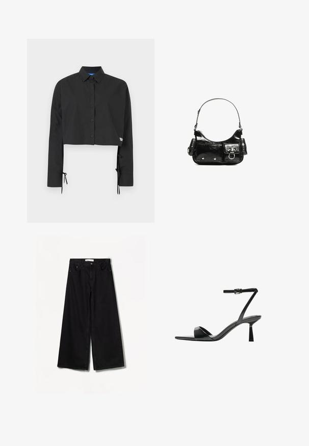 Črni skrajšani srajčni zgornji del z gumbi, dolgimi rokavi, nastavljivimi zavezovalnimi podrobnostmi na manšetah ter subtilnim blagovno znamko obarvanim detajlom.; Bershka WIDE-LEG - Široke hlačnice - black; Bershka Sandali z visoko peto - black; Črna lakasta usnjena torbica s ukrivljeno obliko, enim ramenskim trakom, sprednjimi žepi in srebrnimi kovinskimi dodatki.