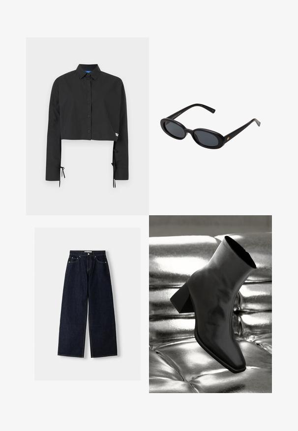 Czarna skrócona koszula z guzikiem, z długimi rękawami, regulowanymi detalami w postaci wiązań przy mankietach oraz subtelnym akcentem marki.; Granatowe dżinsy z szerokimi nogawkami i wysokim stanem, pięć kieszeni, kontrastowe szwy i srebrne metalowe akcesoria. Gładka tekstura i czyste wykończenie.; Czarne botki za kostkę wykonane z błyszczącego materiału, z kwadratowym noskiem i zwężającym się obcasem, na tle błyszczącego srebrnego tapicerowanego tła.; Czarne, oversize okulary przeciwsłoneczne z owalnymi soczewkami, gładkim plastikowym mostkiem i złotymi akcentami na zausznikach. Ciemne soczewki zapewniają ochronę przed słońcem.