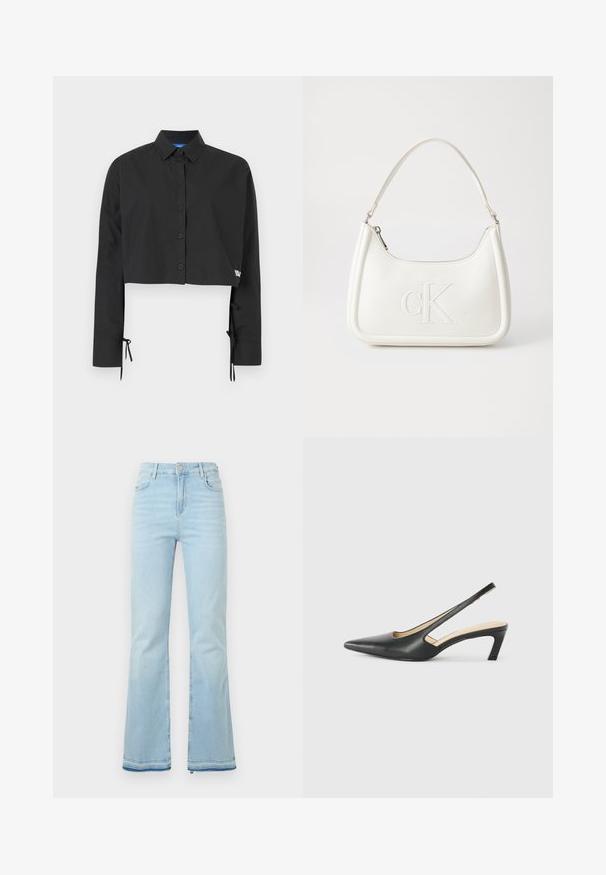 Juodas trumpas marškinėliai su mygtukų užsegimu, ilgomis rankovėmis, reguliuojamu rišimu ant rankogalių ir subtiliu prekės ženklo akcentu.; Šviesiai mėlyni, platėjantys džinsai pagaminti iš denimo, su aukštu juosmeniu, priekinėmis kišenėmis ir nelygiais apačiais, suteikiančiais kasdišką išvaizdą.; Juodas smailus slingback batelis su žemu kulnu, pagamintas iš lygaus odos paviršiaus ir su išpjovomis šone, užtikrinančiomis oro pralaidumą.; Balta odinė rankinė su išlenkta forma, su reljefiniu "CK" logotipu priekyje ir viena petneša. Užtrauktuko uždarymas viršuje.
